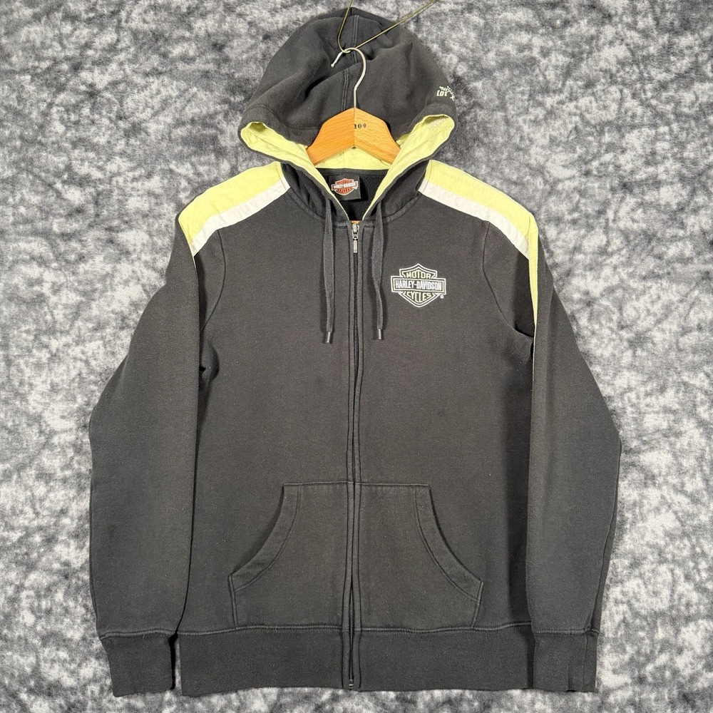 Harley Davidson Winged Logo Full Zip Hoodie Womens Medium Black Yellow Fleece